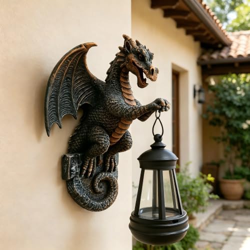 Solar Powered Dragon Statue Outdooe Garden Statues Fence Decor, Copper Dragon Statues with Solar Lantern Patio, Lawn Decor, Gargoyle Statue Wall Tree Hugger Yard Decoration, Unique Gifts for Mom - Image 5