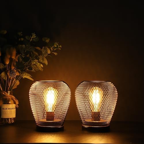 JHY DESIGN Set of 2 Metal Cage LED Lantern Battery Powered Lamp Cordless Accent Light with LED Edsion Style Bulb Great for Weddings Patio Events for Indoors Outdoors（Diamond Shape - Image 6