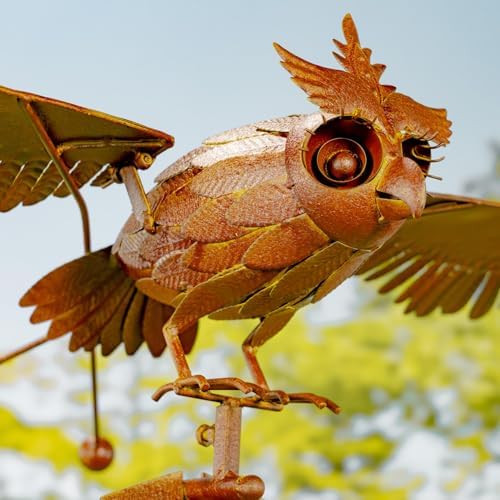 Zaer Ltd. Large Flapping Owl Garden Stake, Metal Wind Kinetic Sculpture, Rusty Color Yard Art Decoration, 58H x 35.5L x 21W inches - Image 3