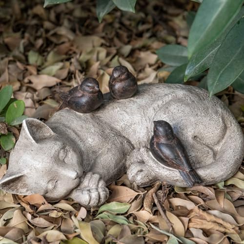 Sleeping Cat Garden Statues Outdoor - 12" Sparrows On Cat Figurine Memorial Statue Grave Markers Garden Resin Statues for Outdoor Decor Outdoor Statue Resin 12" x 8" x 4.5" - Image 2