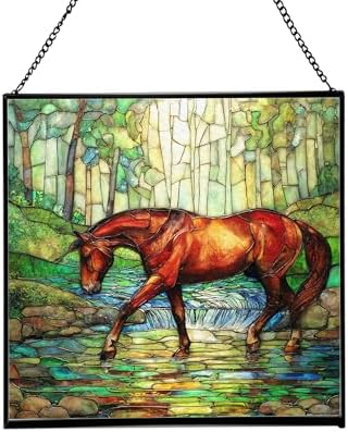 Chestnut Tennessee Walking Horse Stepping Through Shallow Creek Square Suncatcher – Stained Glass Style Window Panel with Scene, Custom Decorative Hanging Art for Equestrian Home, Christmas TIWa3X by Custom