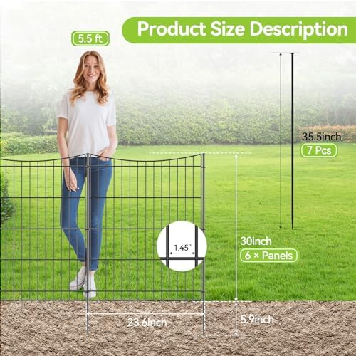 INJOPEXI Decorative Garden Fence 6 Panels 11.8ft(L)×30in(H) Garden Fences Outdoor with 6 Panels Rustproof Metal Wire No Dig Temporary Animal Barrier Fencing for Backyard Patio - Without Fence Gate - Image 2