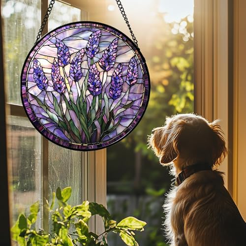 Stained Glass Window Hanging - Purple Flowers Suncatcher for Door Terrace Garden Home Decor Lavender Plant Floral Sun Catcher Birthday Gifts for Lovers Women Men Dad Mom Nana 11.8 in - Image 4