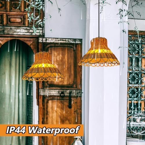 Hand-Woven Boho Rattan Pendant Light Battery Operated Bohemian Woven Outdoor Chandelier with Button Waterproof Lanterns Hanging Lighting Fixture for Gazebo Patio Yard Porch Farmhouse - Image 2