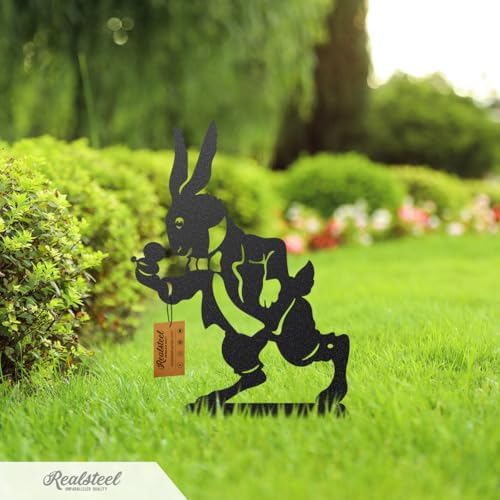 RealSteel Storybook Metal Garden Stakes, Set of 3, Curious Girl, White Rabbit and Mad Hatter Tea Party Yard Art Silhouettes, Handcrafted in Texas, Rust - Image 4
