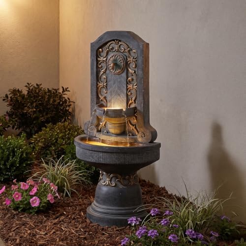 Bumilgar Outdoor Wall Fountain with LED Lights, 49.8” H Freestanding Gilded Fleur-de-Lis European Resin Standing Waterfall Feature, European Resin Flat Back Yard - Image 6
