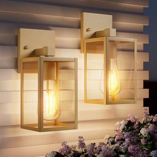 Outdoor Light Fixtures Wall Mount, Waterproof Front Porch Lights, Modern Exterior Lighting Fixtures with E26 Socket, Gold Wall Sconces Lantern Lamp, Outside Lights for House, Garage, Patio (2 Pack） by Unknown