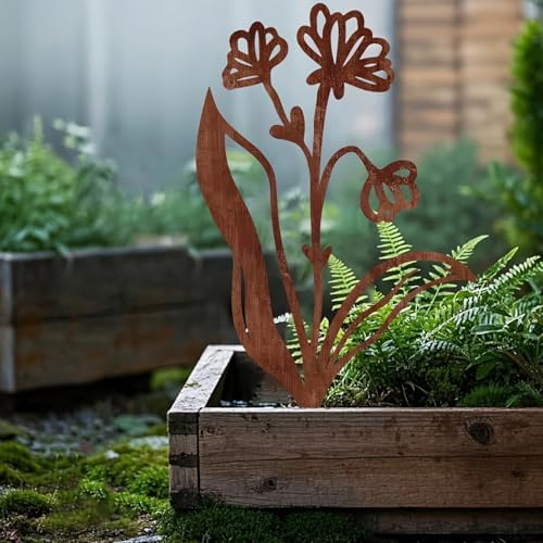 Rustic Floral Metal Garden Stake, 11.81Inch Outdoor Decoration with Flower Design, Durable Metal Construction for Patio, Balcony, Yard - Image 2
