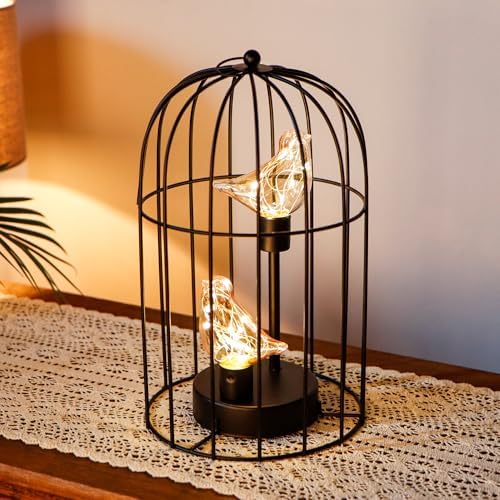 JHY DESIGN Birdcage Decorative Lamp Battery Operated 12" H Cordless Table Lamp with Warm White Fairy Lights Bird Bulb for Indoor Bedroom Living Room Home Wedding Xmas(Black) - Image 3