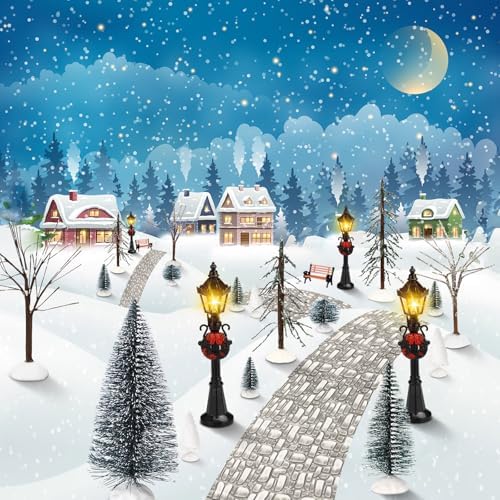 Hotop 28 Pcs Mini Artificial Christmas Village Tree Set Snow Christmas Pine Bare Branch Trees Xmas Street Lamp Post Miniature Park Bench Seat Cobblestone Street for Decoration(Stylish) - Image 4