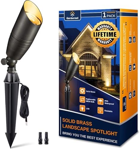 Gardenreet Landscape Spotlights Low Voltage - Brass 12V Outdoor Uplight LED, Wired Spot Lights IP65 Waterproof, Adjustable Focus Bronze for Exterior Garden Yard Tree House Without MR16 Bulb by Gardenreet