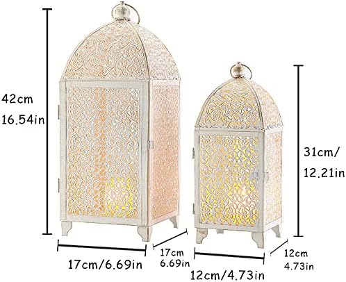 TRIROCKS Large Decorative Candle Lantern Set-16.5''&12'' High Metal Temple Moroccan Lantern Lamp for Home Decorations Living Rooms Gardens Parties Wedding Indoors and Outdoors - White with Gold Brush - Image 5