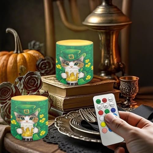 4 Pack Flameless Candles with 18-Key Remote Battery Operated Candles with Timer St Patrick's Day Flameless Pillar Tea Lights for Home Decorations, Cat Beer Shamrocks - Image 4