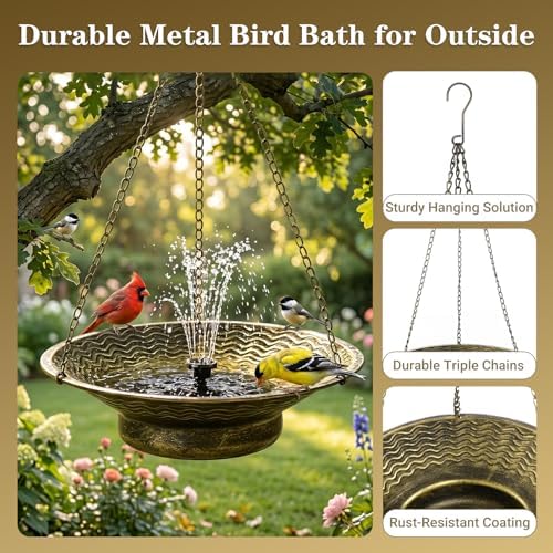 12.6" Hanging Solar Bird Bath Metal for Outside Gold - Image 4