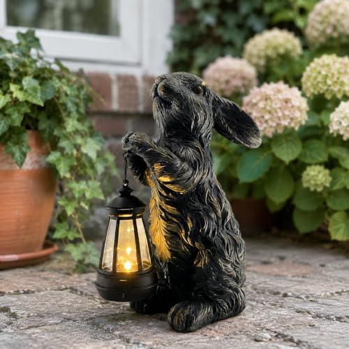 Cute Standing Bunny Statue with Solar LED Lantern, Antique Bronze Finish Resin Rabbit Sculpture, Waterproof Outdoor Garden Ornament, Ideal Gift for Rabbit Lovers, Patio Backyard Home Decor - Image 2