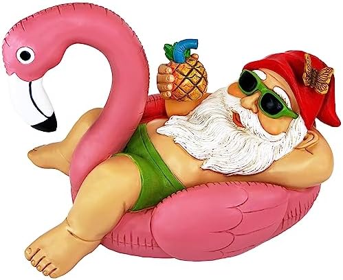 Mood Lab Garden Gnome on Flamingo - Funny Gnome Figurine - 8 Inch Depth Lawn Statue - for Outdoor or House Decor by MoodLab