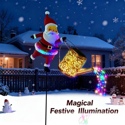 Christmas Santa Solar Kettle Lights Garden Lawn Decorative Lights, Outdoor Waterproof Santa Watering Can, Claus Stake Light for Patio Lawn Xmas Holiday Decor, Courtyard, Pond, Walkway (2PCS Color) - Image 4