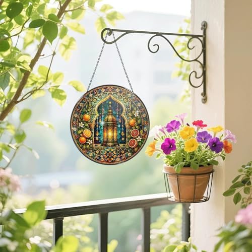Stained Glass Window Hanging Moroccan Lantern and Orange Floral Mandala Sun Catchers Mediterranean Boho Art Glass Suncatchers for Home Porch Garden Indoor & Outdoor Decor (9.8x9.8 in) - Image 4