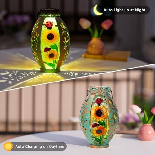 2 Pack Sunflower Solar Lantern,Retro Solar Lanterns Outdoor Waterproof,Stained Glass & Metal Hanging Solar Lantern,LED Tabletop Lamp Solar Lights,Sunflower Outdoor Solar Lanterns for Pathway - Image 6
