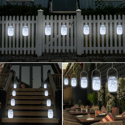 SmilingTown Solar Mason Jar String Light Lids 12 Pack 30 LED Fairy Firefly Inserts Lighting with 12 Hangers Waterproof for Outdoor Tree Patio Lawn Garden Decor, No Jars (Cool White) - Image 2