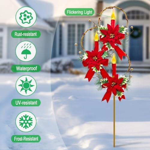 Solar Christmas Decorations Outdoor,Trio Holiday Red Candles Garden Stakes - Image 2