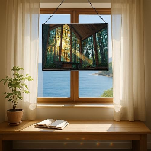 Sun Shining Through Window in Forest Chapel Rectangular Stained Glass Suncatcher – Hanging Window Panel with Animal & Nature Scene – Vibrant Glass Art Gift for Wildlife, Fantasy, Nature Lovers w19xzI - Image 6