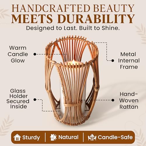 Handmade Boho Rattan Lantern – Rattan Lantern with Metal Frame for Indoor and Outdoor Home Decor, Decorative Centerpiece for Patio, Garden, Front Porch, and Kitchen Dining Table, 5 x 5 x 10 - Image 5