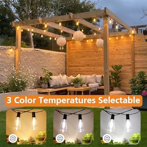 Brightever 3 Color in 1 LED Outdoor String Lights with Remote, 100FT Edison Hanging String Lights for Outside Dimmable, Outdoor Lighting for Patio Café Bistro with 52 ST38 LED Bulbs, 2700K/4000K/5000K - Image 5