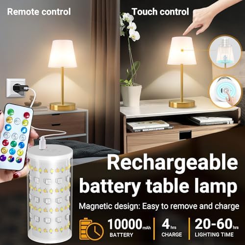 1 pack Cordless Table Lamp Rechargeable, 10000 mAh Portable LED Battery Operated Lamp With Remote Control, 10 Colors Dimmable Touch Desk Light with Timer for Bedside Night Light Outdoor Patio Camping - Image 3
