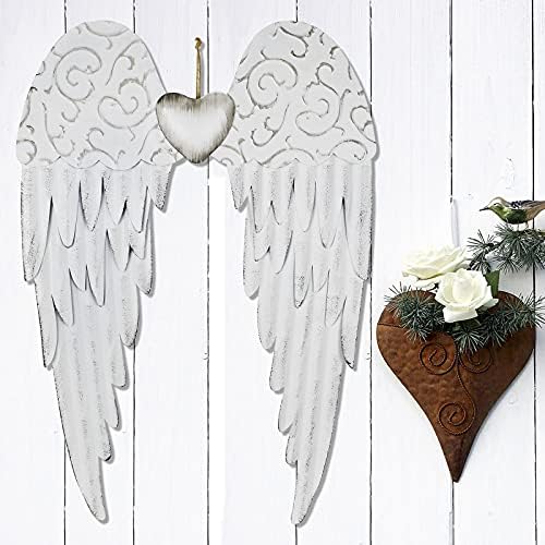 Aecipl Metal Angel Wings Plaques with Heart - Decorative Angel Wing Sculptures Hanging Wall Art Antique Decor for Home Bedroom (White-L) - Image 3