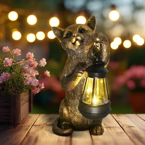 HONGLAND Cat Outdoor Statues Garden Decor, Cat Figurines Solar Lantern Lights, Birthday Gifts for Mom, Front Patio Balcony Yard Art Lawn Ornaments Porch Outdoor Decorations - Image 5
