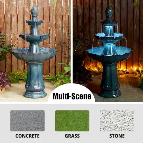 Glitzhome Outdoor 3 Tier Pedestal Fountain with LED Light & Pump - 45.25" H, Ceramic Turquoise Water Fountains Waterfall Large Floor-Standing Garden Fountain for Patio, Lawn, Backyard - Image 7