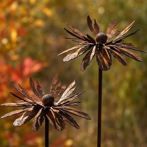 Set of 2 Vintage Rusty Cornflower Statues Stakes - Rustic Yard Art Decor for Flower Beds & Patio - 12 Inch 3D Metal Garden Decor & Metal Yard Decor - Resistant Iron Floral Sculpture Gift by Unknown
