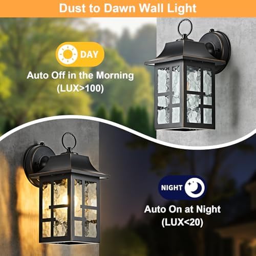 OKELI 2-Pack Dusk to Dawn Exterior Lighting Fixture, Farmhouse Outdoor Wall Lights with Ripple Glass, Aluminum Porch Light Wall Mount, Anti-Rust Outside Wall Sconce for House, Garage(Black&Gold-Trim) - Image 5