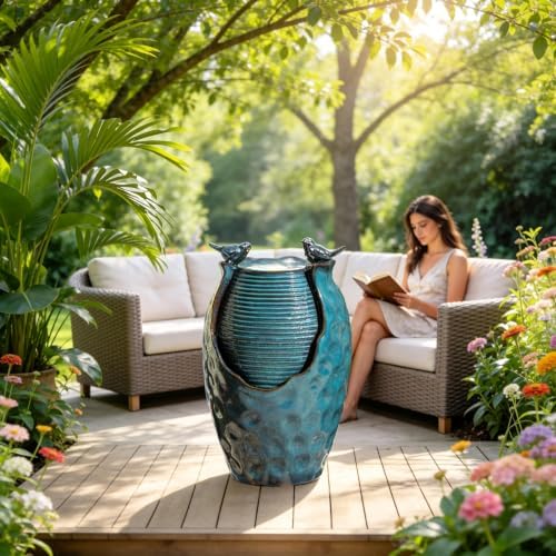 Autodaya 25" H Jar Ceramic Outdoor Water Fountain with LED Lights and Birds - Image 4