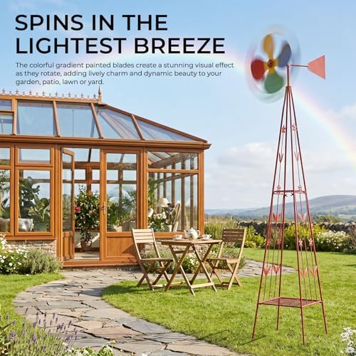 Outvita 8FT Ornamental Windmill for Yard, Heavy Duty Durable Metal Weather Vane Garden Decoration Weather Resistant for Garden, Farm, Seaside (6.2ft-red) - Image 4
