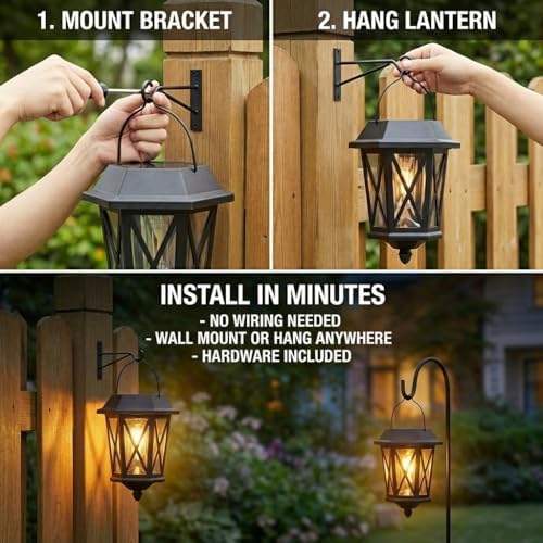 Solar Lanterns Outdoor Waterproof, Hanging Solar Lights with Glass Shade - 2 Pack LED Metal Wall Mount Outdoor Light for Yard/Garden/Patio - Black - Image 4