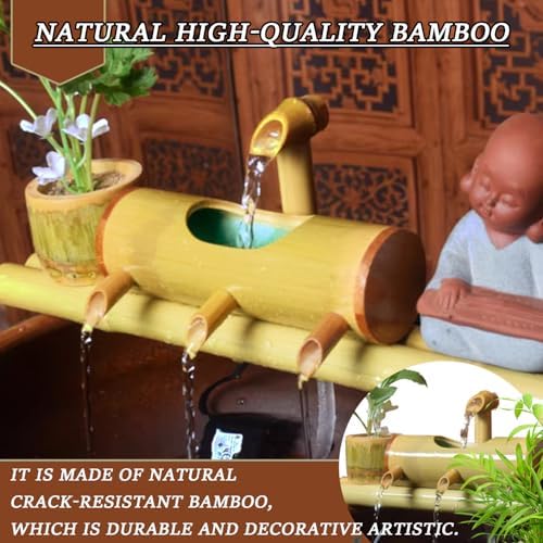 Solar Garden Bird Bath Bamboo Fountain, Outdoor Bamboo Water Flow Device with Water Pump, Creative Ornaments with Ceramic Monk, 4 Water Outlets, for Indoor, Backyard, Lawn,30in - Image 4