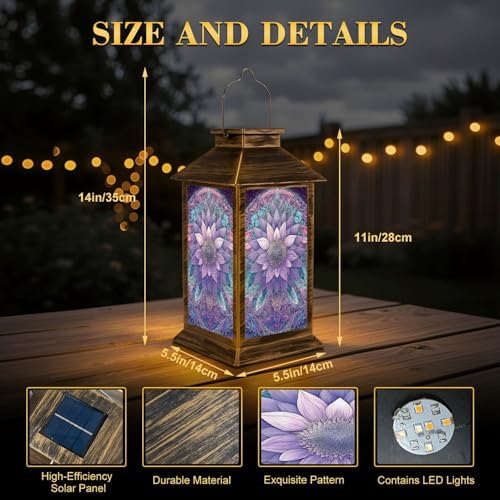 Stained Glass Style Solar Lantern Outdoor Garden Hanging Lantern Pastel Sunflower Stained Glass Symmetrical Mosaic Waterproof Solar Powered Lighting Outside Table Lamp for Patio Deck Yard Camping - Image 2