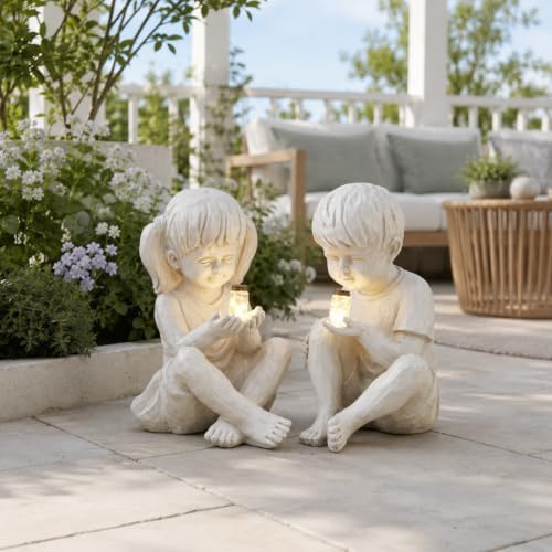 Large Garden Children Statues Light Up Firefly Jar Solar Powered | Set of 2 Figurines | Girl & Boy Garden Yard Art Décor, Indoor & Outdoor Ornament Gifts for Lawn, Patio , 7.5" W x11. 8”H Cream Gift - Image 6