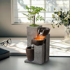 Resin Tabletop Waterfall Fountain with LED Light & Plant Pot, Indoor Desk Water Fountains for Home Office Decor (22028N) - Image 2