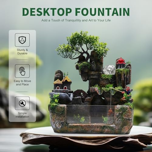 Waterfall Fountain, Desktop Fish Tank Fountain with Atomizer, Fisherman and Colorful LED Lights, for Living Room, Bedroom, Yoga Room, Office, Study, Meditation Room - Image 2