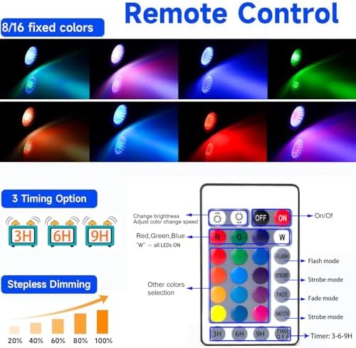 SHOYO Pond Lights, Color Changing Spotlights with Timer, Submersible Fountain Lights Memory Dim Adjustable IP68 Waterproof Underwater RGB for Outdoor Garden Yard Lawn Water Pond Fountain, 4 in Set - Image 4