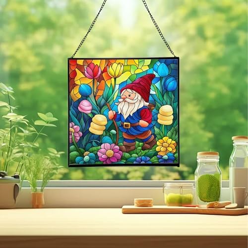 Gnome in Marshmallow Garden Stained Glass Suncatcher – Square Hanging Window Panel for Home or Greenhouse – Whimsical Glass Art Gift for Garden Lovers, Christmas, Halloween, Father Days kCb0rI - Image 2