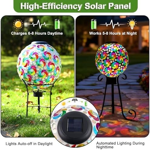 SAVENNA Mosaic Solar Gazing Ball 10 Inch, Glass Garden Globe with Auto On/Off for Yard, Lawn & Outdoor Decor, Multicolor Mosaic - Image 4