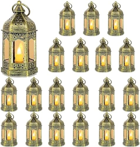 Mini Lantern with Flickering LED Candles Set of 20, Hewory Gold Vintage Decorative Hanging Candle Lanterns for Halloween, Christmas, Wedding Decorations, Party, Table Centerpiece, Battery Included by Hewory