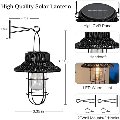 pearlstar Solar Lanterns Outdoor Waterproof Hanging Solar Lights Outside Wall Sconce Lights with Edison Bulbs for Patio Porch Fence Garden Yard Garage Decor&Gifts (2Pack Black Rattan Woven) - Image 6