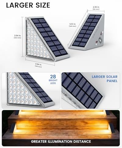 NIORSUN Outdoor Step Lights, Upgraded 28 LEDs 2 Brightness Modes, IP67 Waterproof Solar Stair Lights for Outside Steps, 1200mAh Battery Long Runtime Warm White for Patio Deck Yard Porch, 12 Pack - Image 5