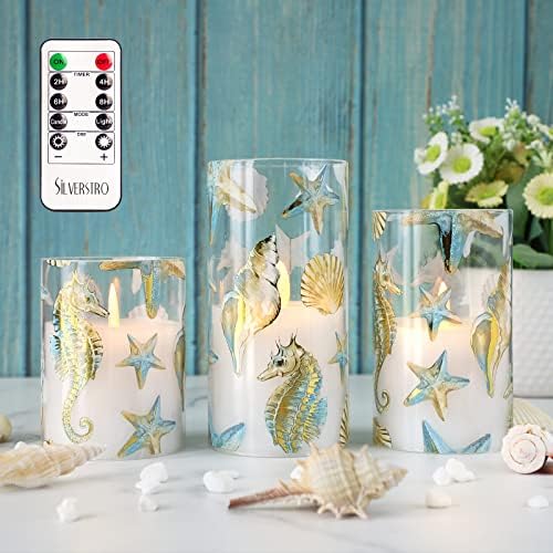 Nautical Flameless Candles Flickering Starfish Seahorse Battery Operated Candles with Remote - Bedroom Party Christmas Ocean Summer Decor - Set of 3 by Silverstro