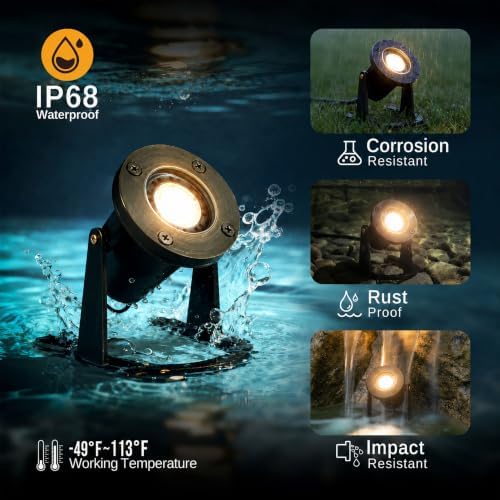 Gardenreet Submersible Pond Light - 12V IP68 Waterproof Underwater Light, Solid Brass Housing with 2700K Warm White MR16 Bulb, for Pool Fountain Landscape Outdoor Water Features(1 Pack) - Image 4